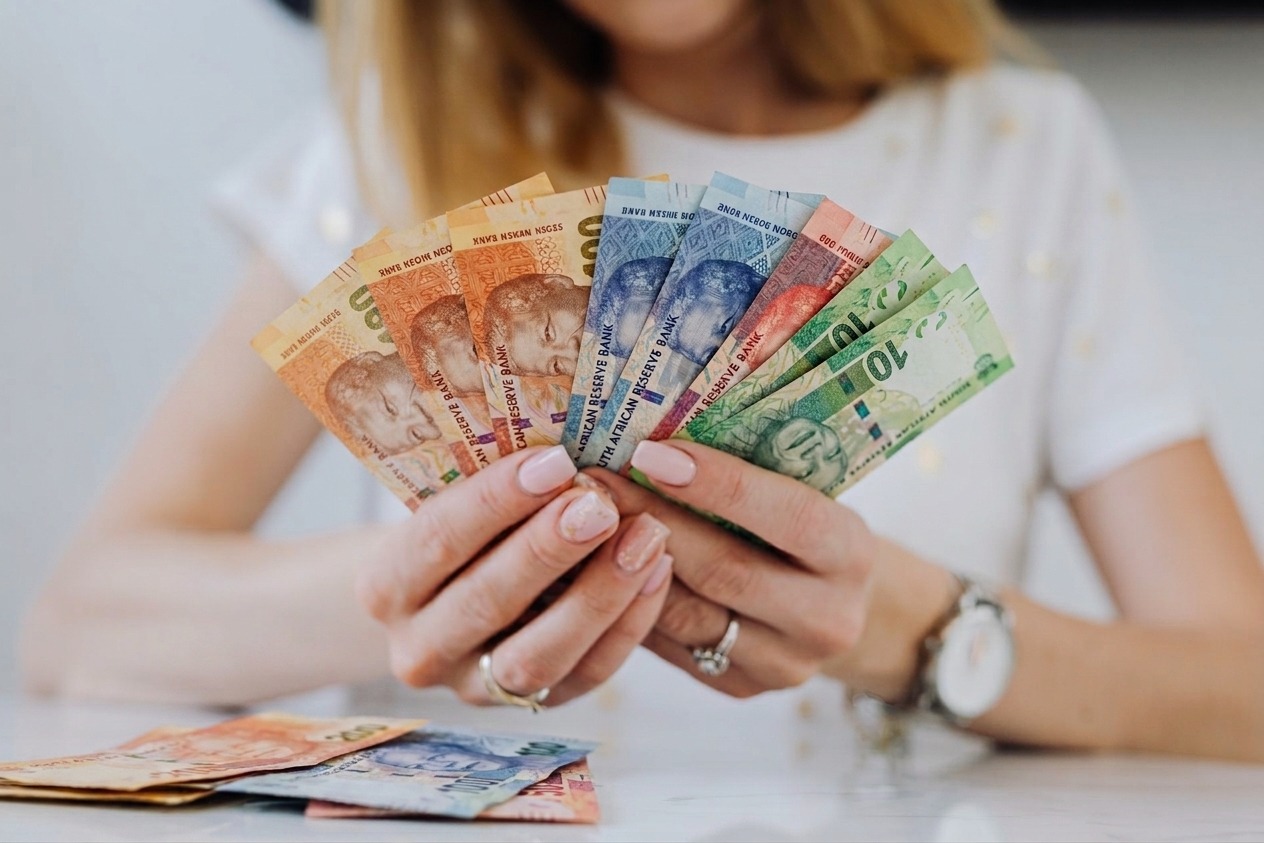 A woman fanning out South African rand notes in her hands